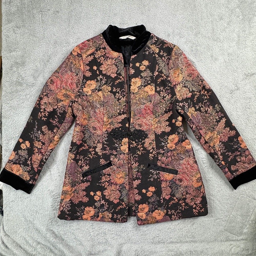 Soft Surroundings Floral Tapestry Jacket Metallic Gold Velvet Trim PM